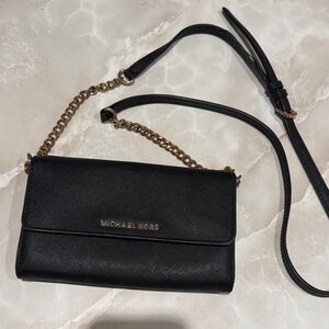 Michael Kors Black Leather Crossbody with Gold Chain Strap